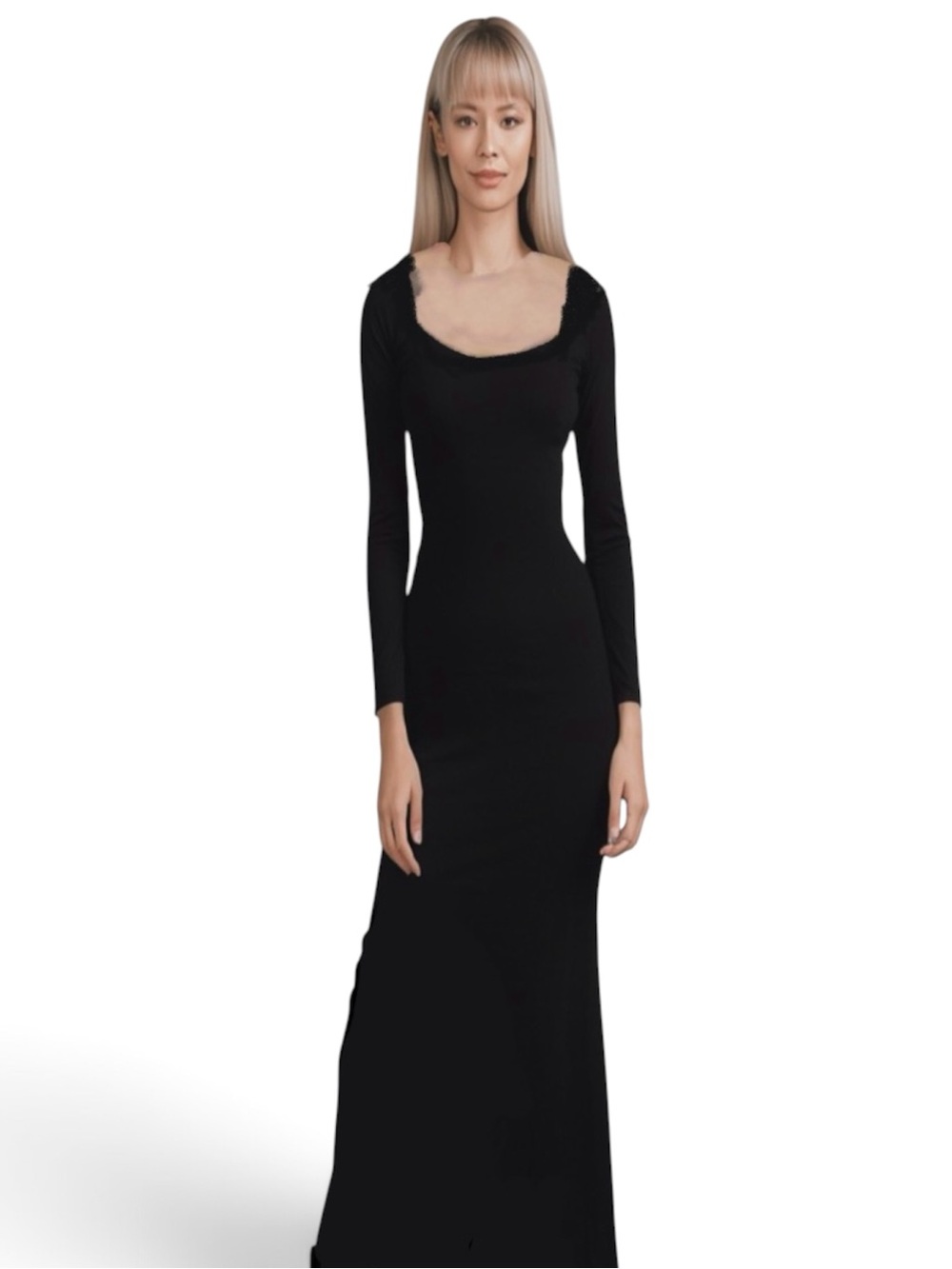 SKIMS Black Long Sleeve Ribbed Maxi Dress